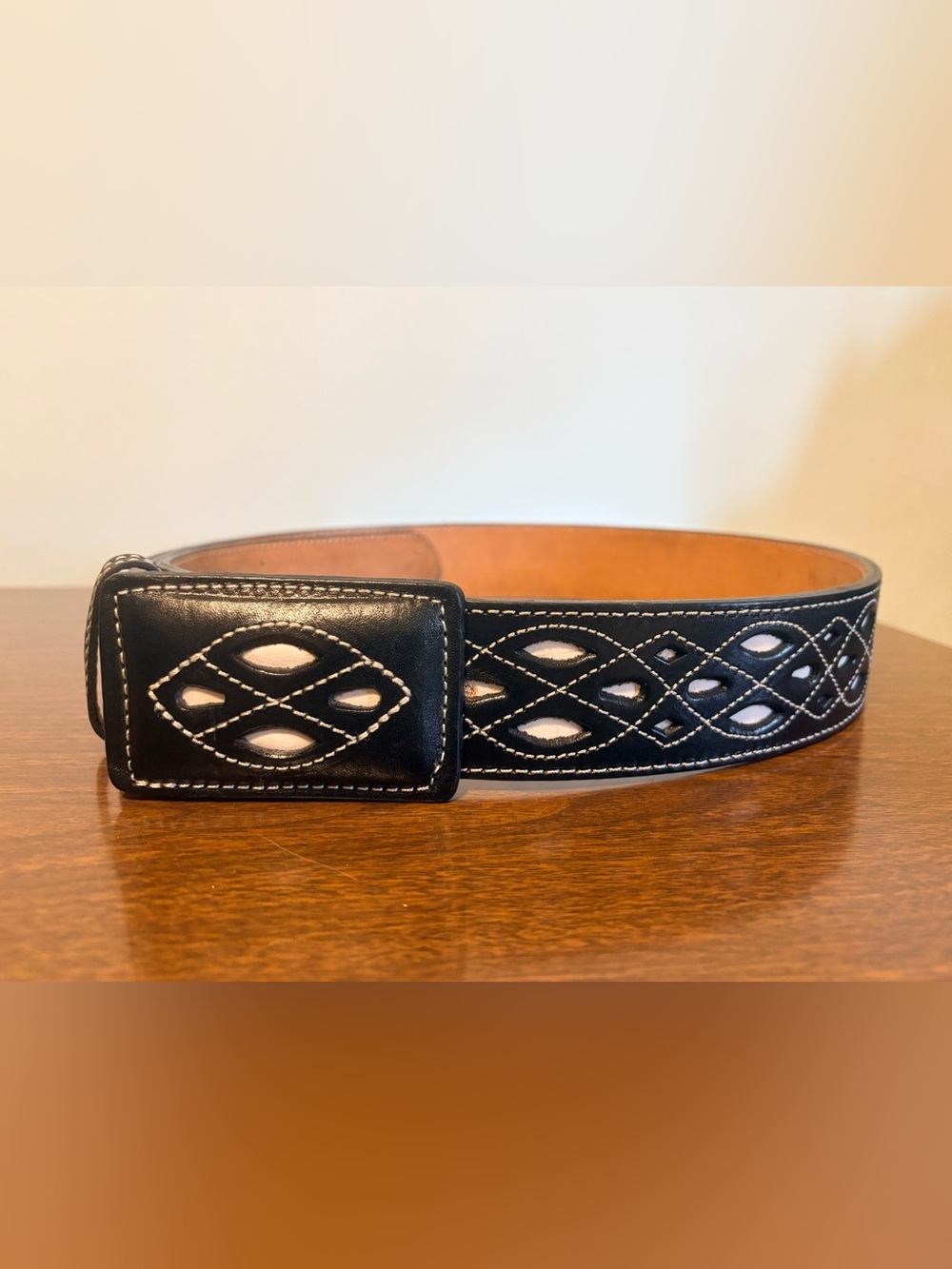 Black Leather Men's Belt with Decorative Cutouts